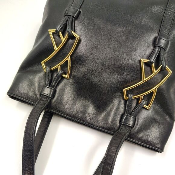 Paloma Picasso Vintage Black Leather Tote Bag Purse   w/Gold Accents - Picture 8 of 15